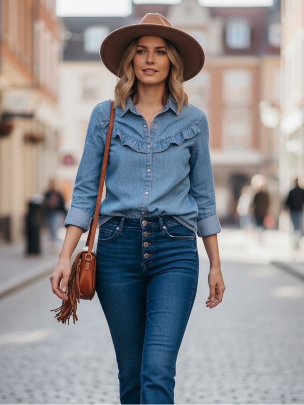 Wrangler Retro Ruffle Denim Chambray Pearl Snap Western Button Down Top